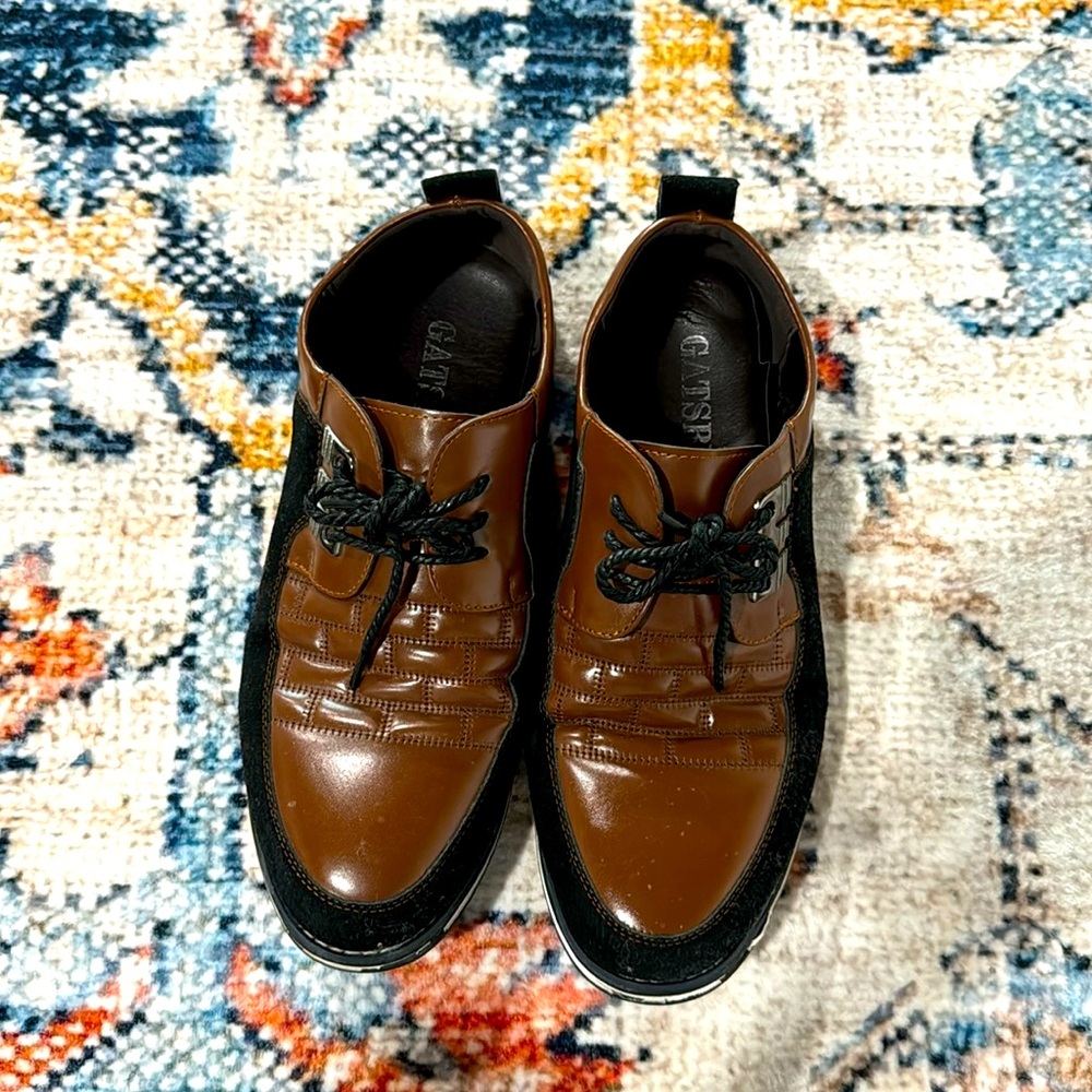 Gatsby Shoes Mens size 10 brown and Black Faux Leather Oxford Derby Lace Up